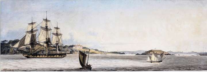 A Frigate leaving Plymouth Sound, with other Vessels nearby